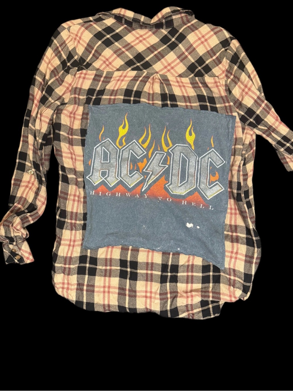 Upcycled AC/DC Plaid Flannel Shirt Large Rock Band